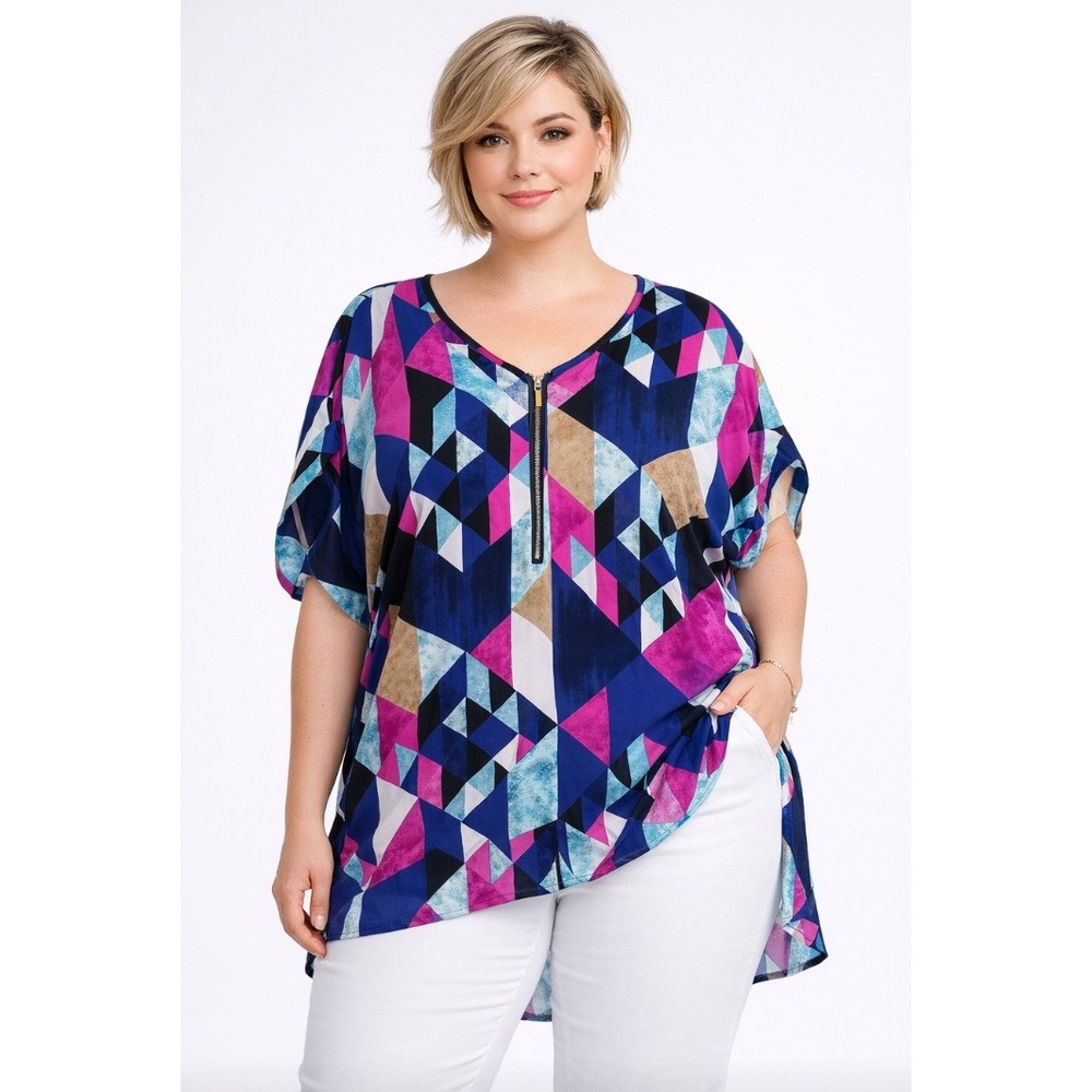 Lane Bryant Geometric Hi-Lo Split Back Blouse Zipper Detail‎ Plus Size 18/20